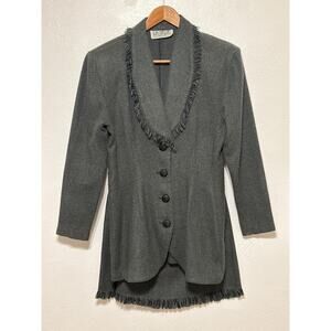 VTG 80s 90s USA Made La Belle Skirt Suit 11 Grey Fringe Collar Career Girl Boss